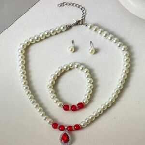 Elegant Pearl and Red Jewelry Set